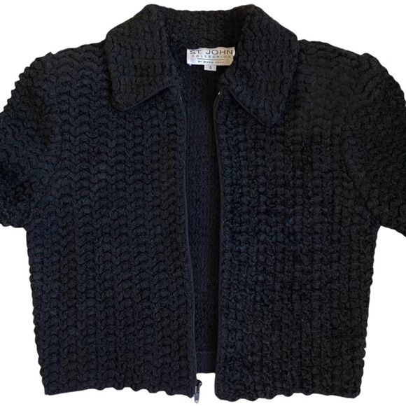 St John Black Front Zip Long Sleeve Boucle Knit Jacket Size Small - Picture 9 of 11